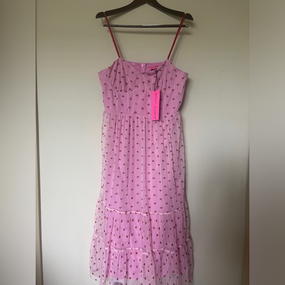 Betsey Johnson Pink and Red Heart Valentine’s Day Tulle Mesh Midi Dress 14 NWT - Picture 5 of 12